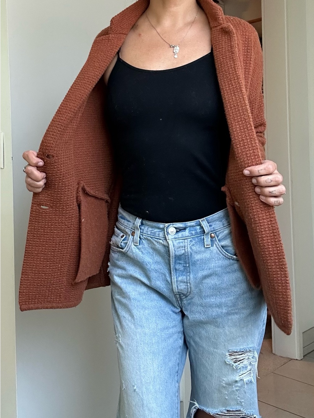 Madewell Rust Waffle-Knit Open-Front Cardigan